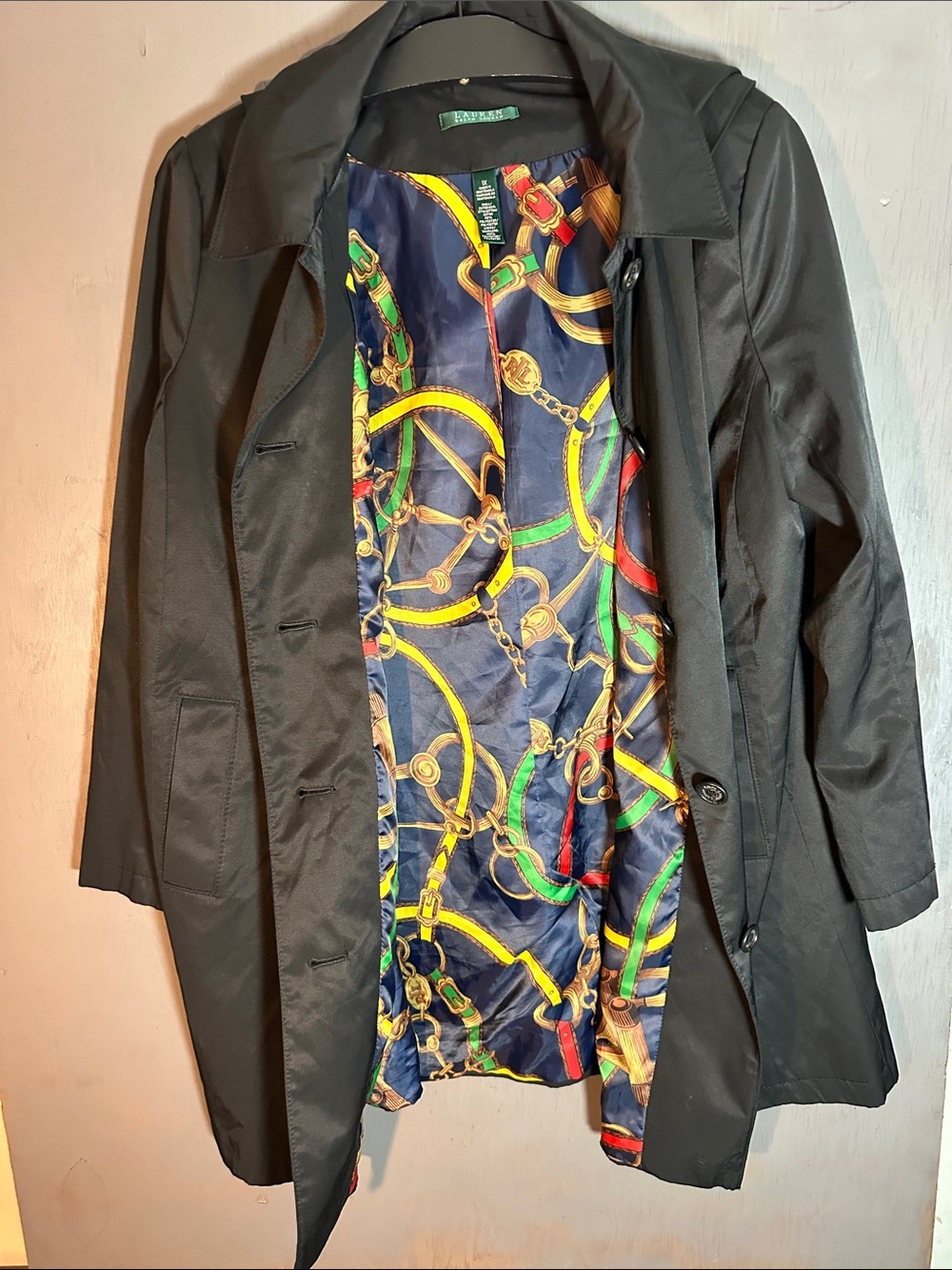 Lauren Ralph Lauren Black Trench Coat with Patterned Lining
